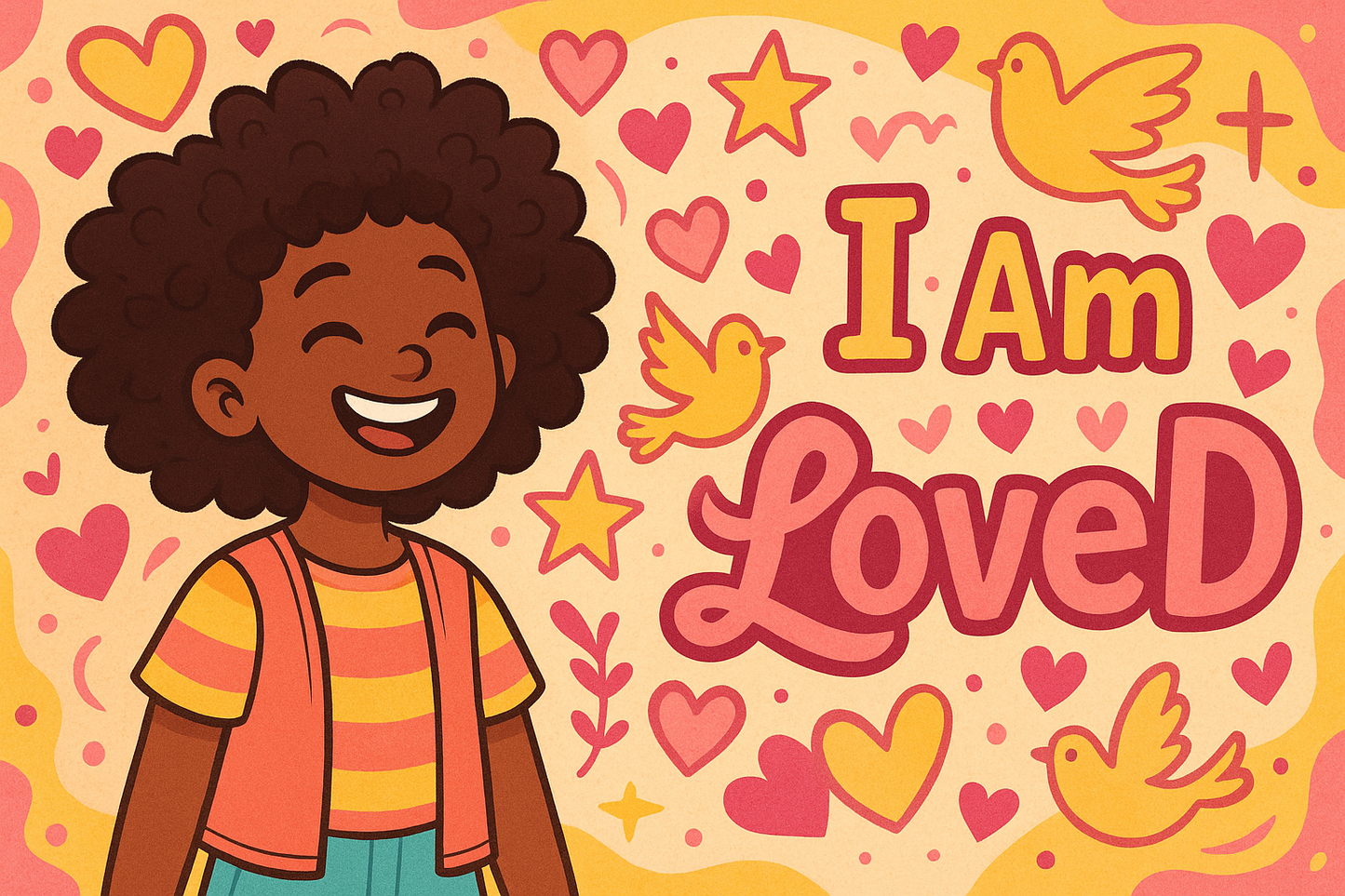 this is good. lets recreate it to be pink and yellow designs. with the I am loved texted. and a happy black girl on the cover 